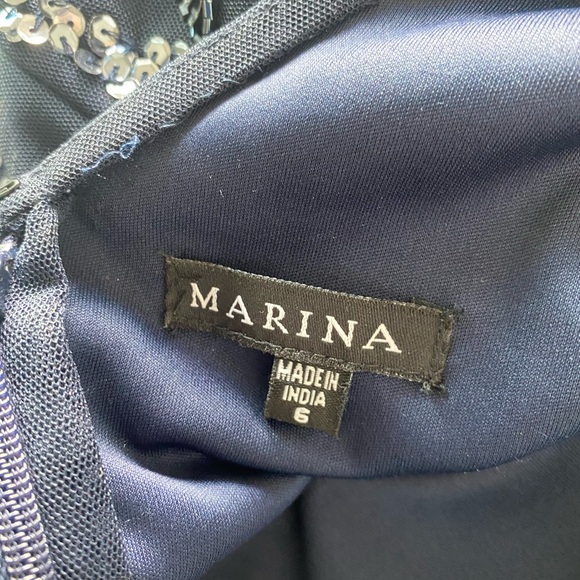 MARINA Midnight Blue Gown with Silver Beaded Leaf Design - Picture 5 of 8